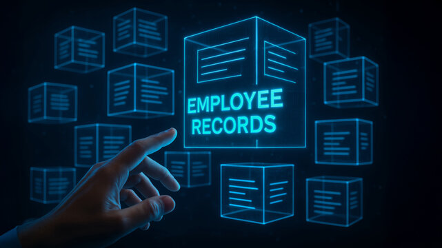 Blockchain in hr technology secures employee records with futuristic digital interface
