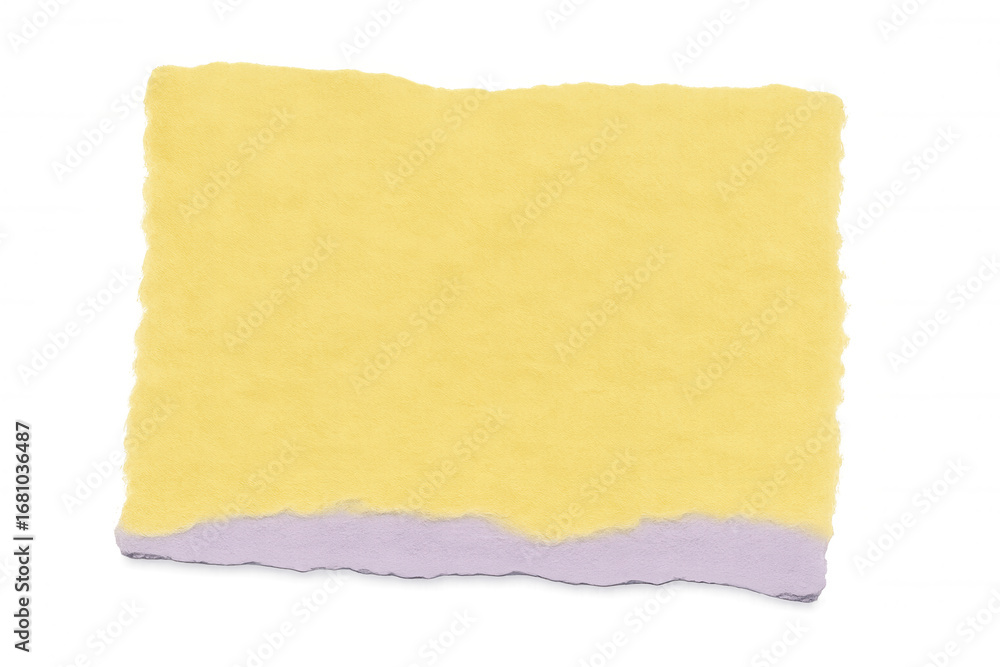 Poster torn piece of yellow paper with purple back isolated on transparent background, creating a simple ye