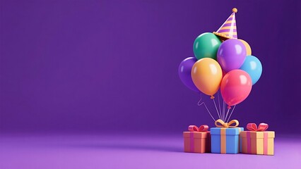 Birthday balloons and gifts on purple background
