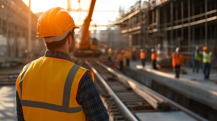 Construction worker observing site activity urban development photography industrial setting wide angle future workforce dynamics