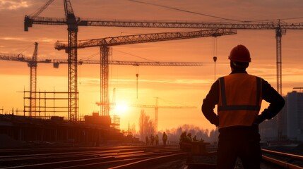 Construction worker overseeing sunset progress urban development site photography industrial setting silhouette viewpoint worker’s reflection