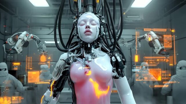 AI-Generated cyborg woman with pink torso and glowing orange lights in a laboratory with scientists