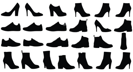 Collection of various black high heel shoes and boots silhouettes