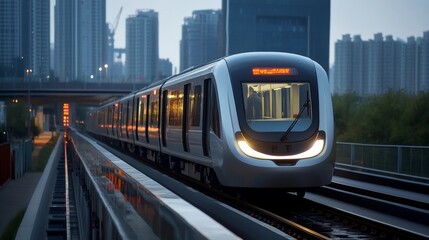 Naklejka premium Modern subway train departing at dusk urban cityscape transportation photography dynamic environment low angle view futuristic design