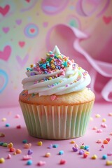 "Whimsical Unicorn-Themed Cupcake with Pastel Frosting and Rainbow Sprinkles"
