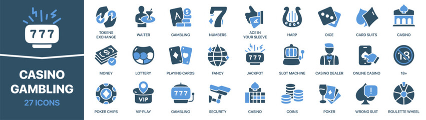 Casino gambling fill icon collection. Set of icons about games and betting. Includes cards, chips, slots, lottery, dice, and poker