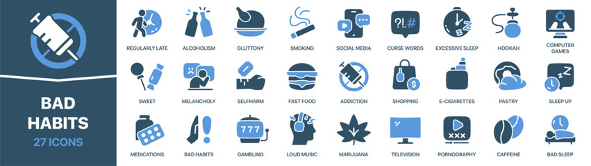 Bad habits fill icon collection. Set of icons about unhealthy lifestyle. Includes smoking, alcohol, drugs, gambling, overeating, and addiction