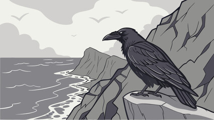 Raven perched on coastal cliffs overlooking the ocean a grayscale illustration of nature and wildlife art