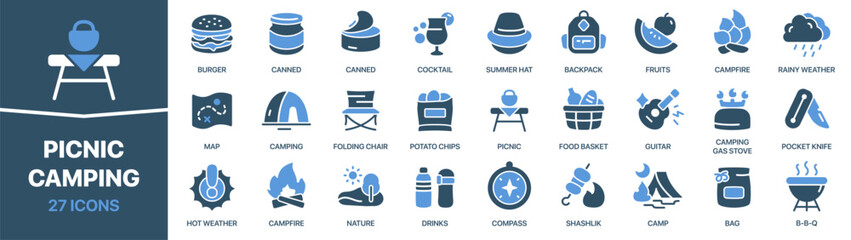 Picnic and camping fill icon collection. Set of icons about outdoor leisure. Includes food, camping gear, fire, backpack, barbecue, and summer activities