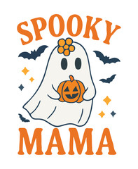 Spooky Mama ghost holding pumpkin with bats and stars halloween