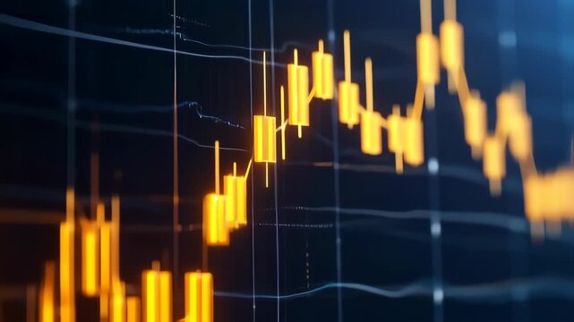 Close-up of a glowing financial chart with golden candlestick patterns on a dark background