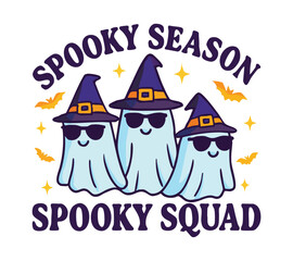 Three cute ghosts wearing witch hats and sunglasses with bats and stars halloween