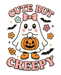 Cute ghost with pumpkin and bats text cute but creepy halloween