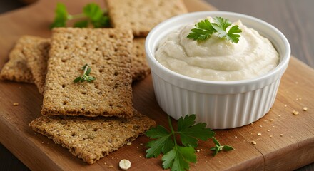 "Creamy Hummus Garnished with Fresh Parsley Served Alongside Crispy Crackers"