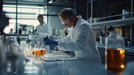 Scientific research action in a modern laboratory focus on chemistry experiments high-tech environment professional perspective