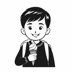 Happy Child Enjoying Ice Cream While Holding It in Hand Vector Illustration
