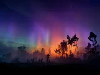 Surreal Aurora Borealis Over Dark Forest Landscape at Night