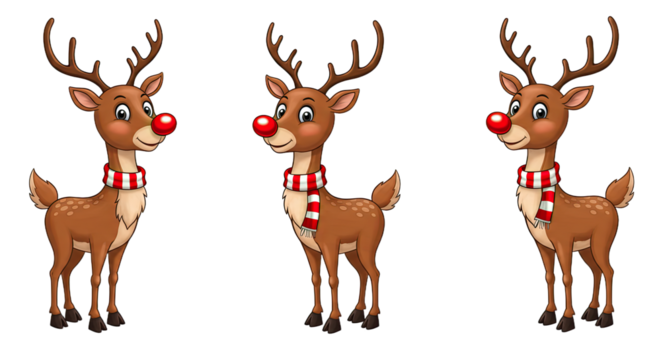 Three Cartoon Reindeer with Red Noses and Scarves.
