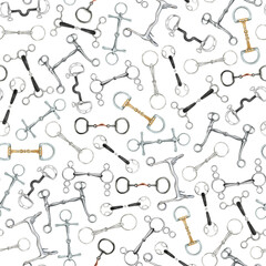 Seamless equestrian pattern with different types of hand drawn horse riding bits scattered around and isolated on white background