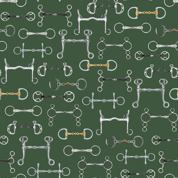 Equestrian seamless pattern with hand drawn horse riding equipment, snaffle bits and curb bits placed horizontally on green background