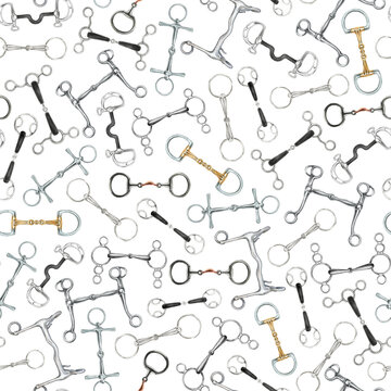 Seamless equestrian pattern with different types of hand drawn horse riding bits scattered around and isolated on white background