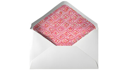 Open envelope with patterned liner, isolated on transparent background