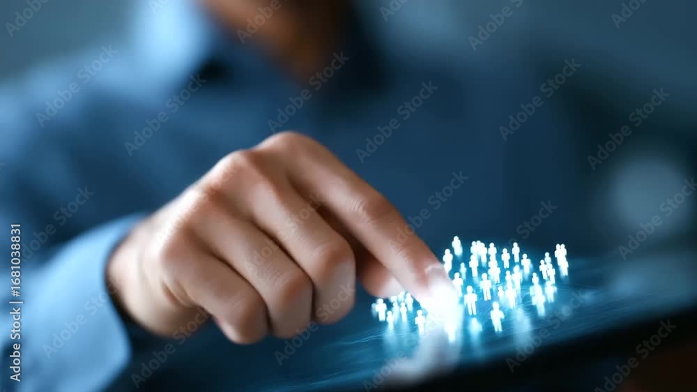 Poster team of professionals works on sales strategies with cutting-edge holographic crm technology, using 