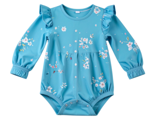Flat Lay of Teal Blue Floral Baby Girl Romper with Ruffled Sleeves, Summer Outfit, Transparent Background PNG