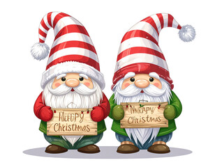 Christmas Gnomes vector set. Christmas quotes. Cute elf isolated on white.  