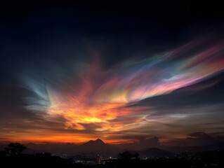 Fototapeta premium Vibrant Polar Stratospheric Clouds Over Dark Mountain Landscape at Sunset