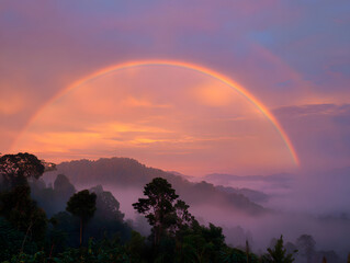Colorful Rainbow Over Misty Forest Mountains at Dawn