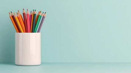 Colorful pencils arranged in a white container on a light blue surface