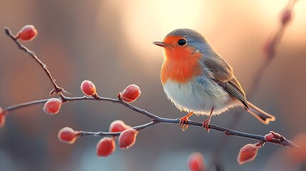 A vibrant European robin perches on a branch with red berries bathed in the soft warm glow of sunrise or sunset light