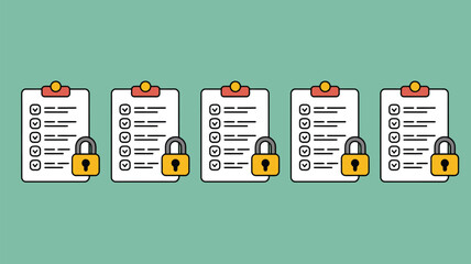 Five clipboards with checklists and padlocks representing secure data and task management system design