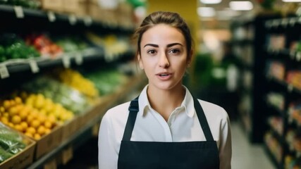 Smiling grocery store employee stands confidently in produce section during busy shopping hours