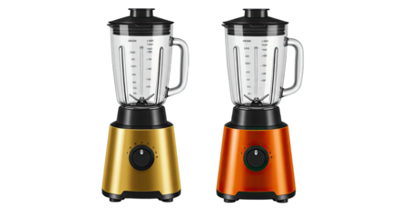 Two metallic blenders gold and copper with glass jars.