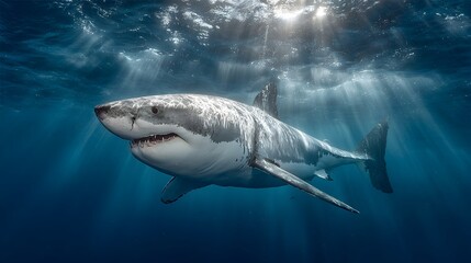 Fototapeta premium Majestic great white shark swims gracefully through the deep blue ocean waters with sun rays shining above.