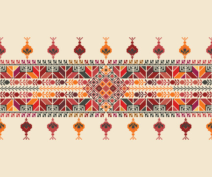 Traditional Tatreez embroidery horizontal seamless pattern, Palestinian border. Scalable vector design for print, background, template