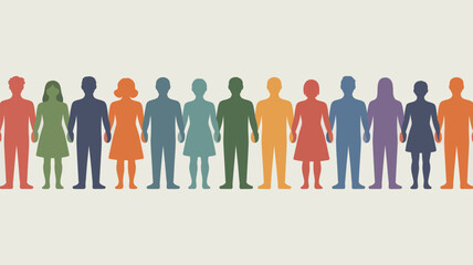 A diverse group of people standing together holding hands in a row representing unity and cooperation concept