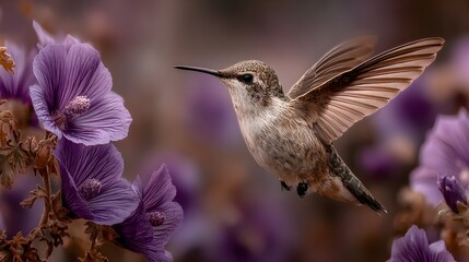 Fototapeta premium A hummingbird with outstretched wings hovers near beautiful purple flowers in a vibrant garden setting.