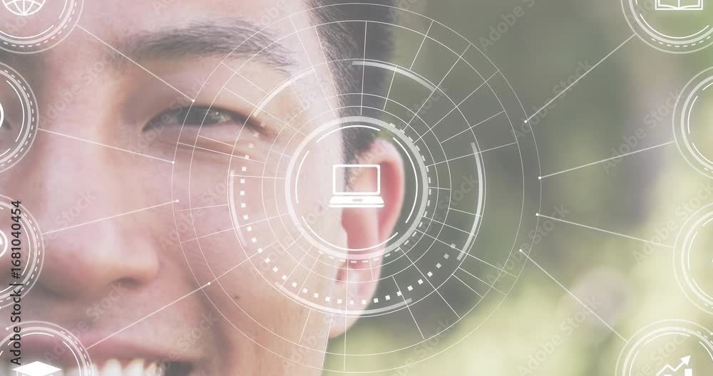 Poster close-up man's face starting hud scanning and assembling technology icons around cheek for learning