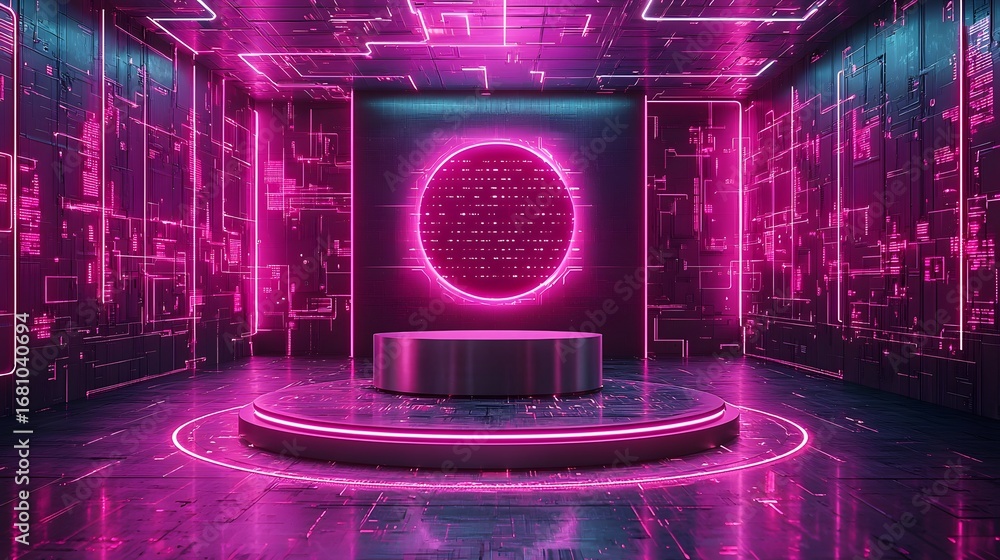 Poster a futuristic digital room with vibrant neon pink lights circuit board patterns and an empty illumina