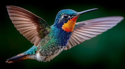 Fototapeta premium A stunning hummingbird with colorful plumage hovers gracefully in mid air against a blurred green background.