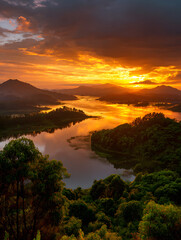 Scenic Lake Landscape with Vibrant Golden Sunset and Lush Green Forest