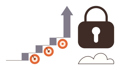 Lock, upward staircase with targets, and cloud representing progress, security, and innovation. Ideal for cybersecurity, data protection, growth, milestones cloud computing business success simple