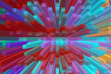 Dynamic explosion of colorful 3D rectangular shapes with a central vanishing point. Abstract digital artwork with motion and energy