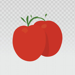 Two ripe tomatoes on a vine in flat design with vibrant red color. Ideal for food projects, healthy eating, farm-to-table concepts, menus, web design, packaging, and digital infographics.
