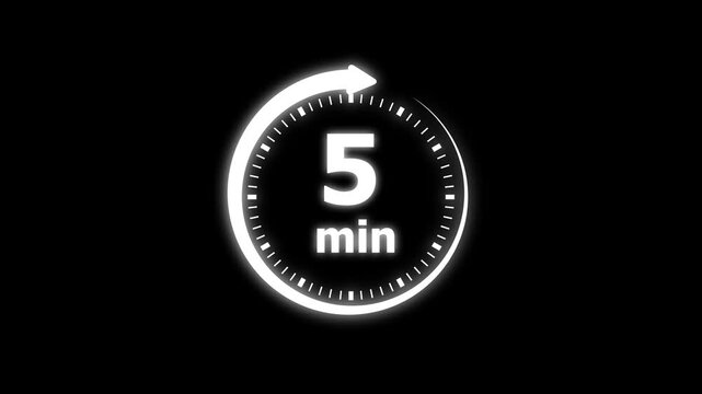 A bold “5min” text, representing a 5-minute countdown or duration. Suitable for video overlays, presentations, timers, or any content that highlights a short time span.