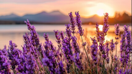 A photo of lavender flowers in full bloom, with the setting sun setting over the water and mountains in the background, creating a serene and elegant atmosphere.