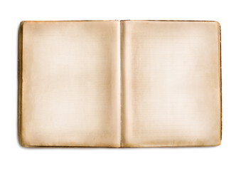 Opened old book on white background